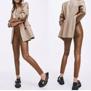 Zara Brown Faux Leather High‎ Rise Leggings w Raw Hem size S
